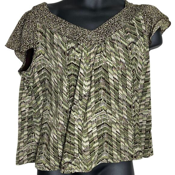 Y2K Charter Club Top XL Green Abstract Nylon V-Neck Short Sleeves Vintage - Picture 1 of 4